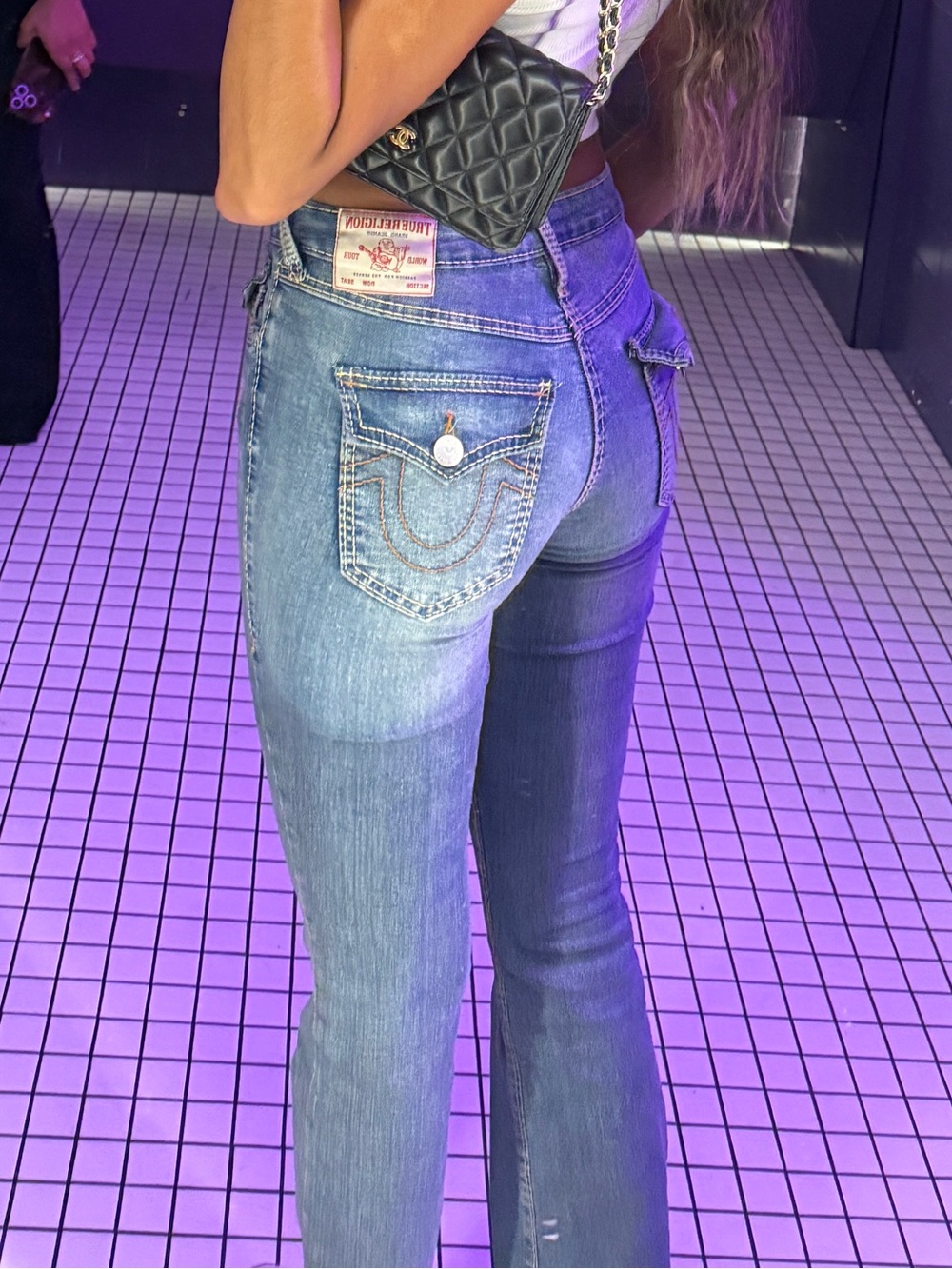 True Religion Classic Mid-Rise Blue Denim Jeans with Signature Pocket Stitching